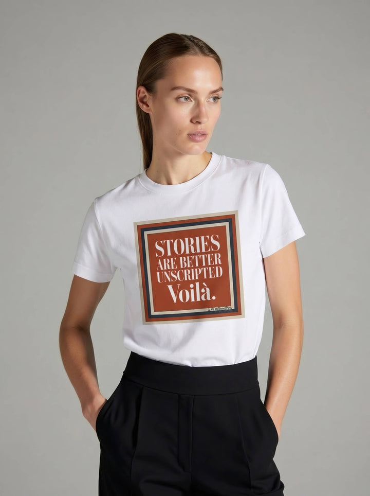 Model wearing White with Voilà Stories graphic by La Vie unfiltered