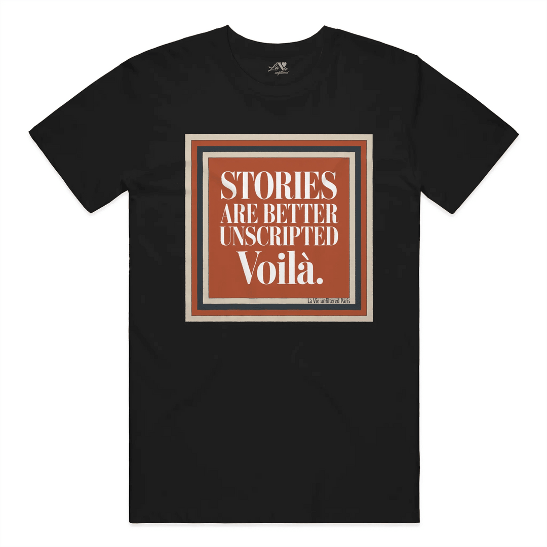Black t-shirt with Voilà Stories graphic by La Vie unfiltered