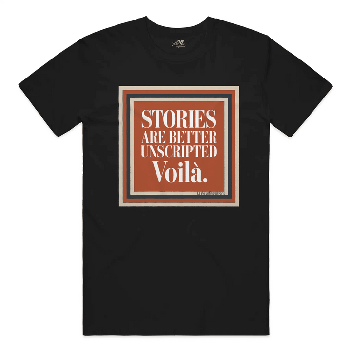 Black t-shirt with Voilà Stories graphic by La Vie unfiltered