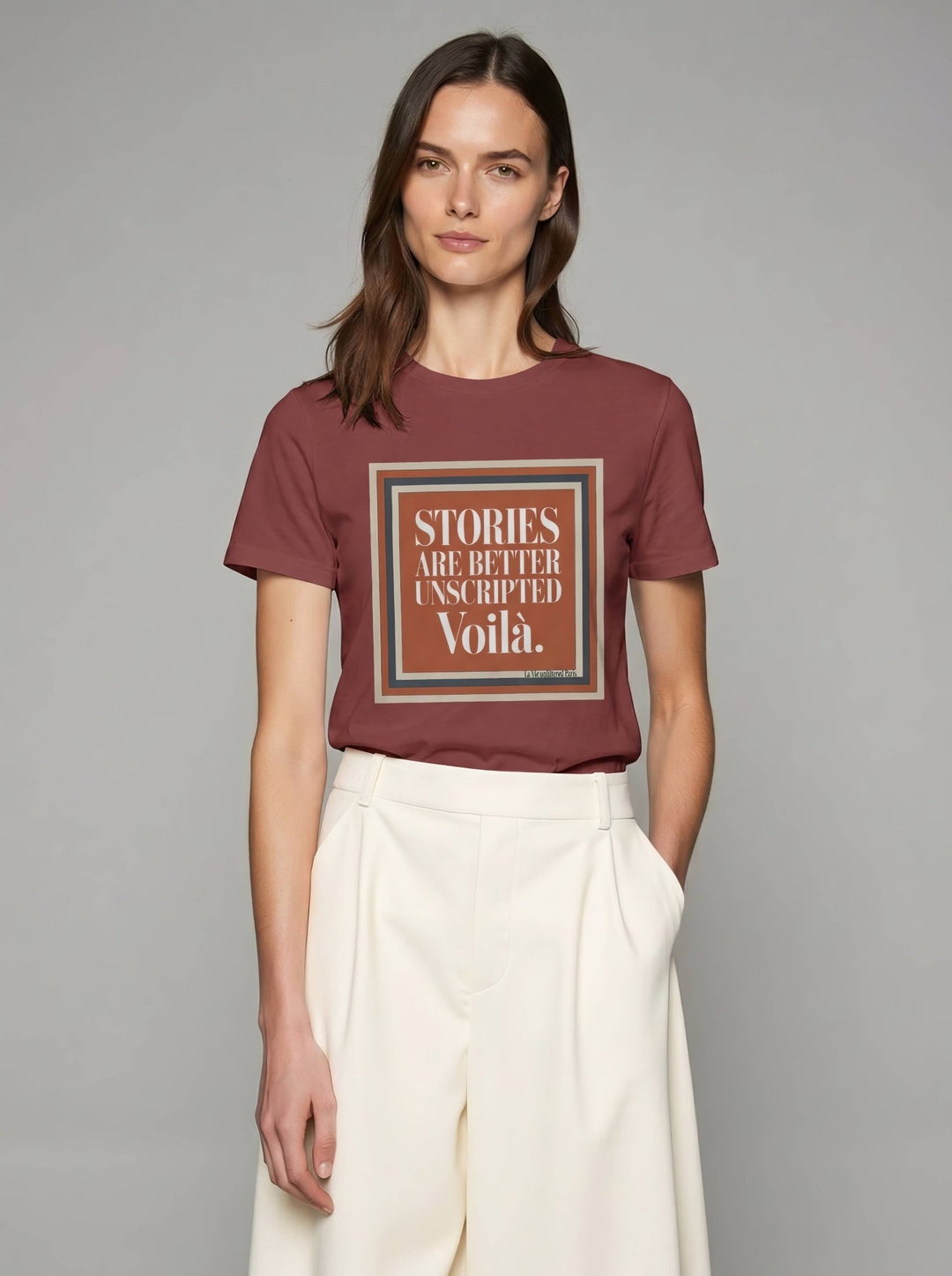 Model wearing Rouge Sienne with Voilà Stories graphic by La Vie unfiltered